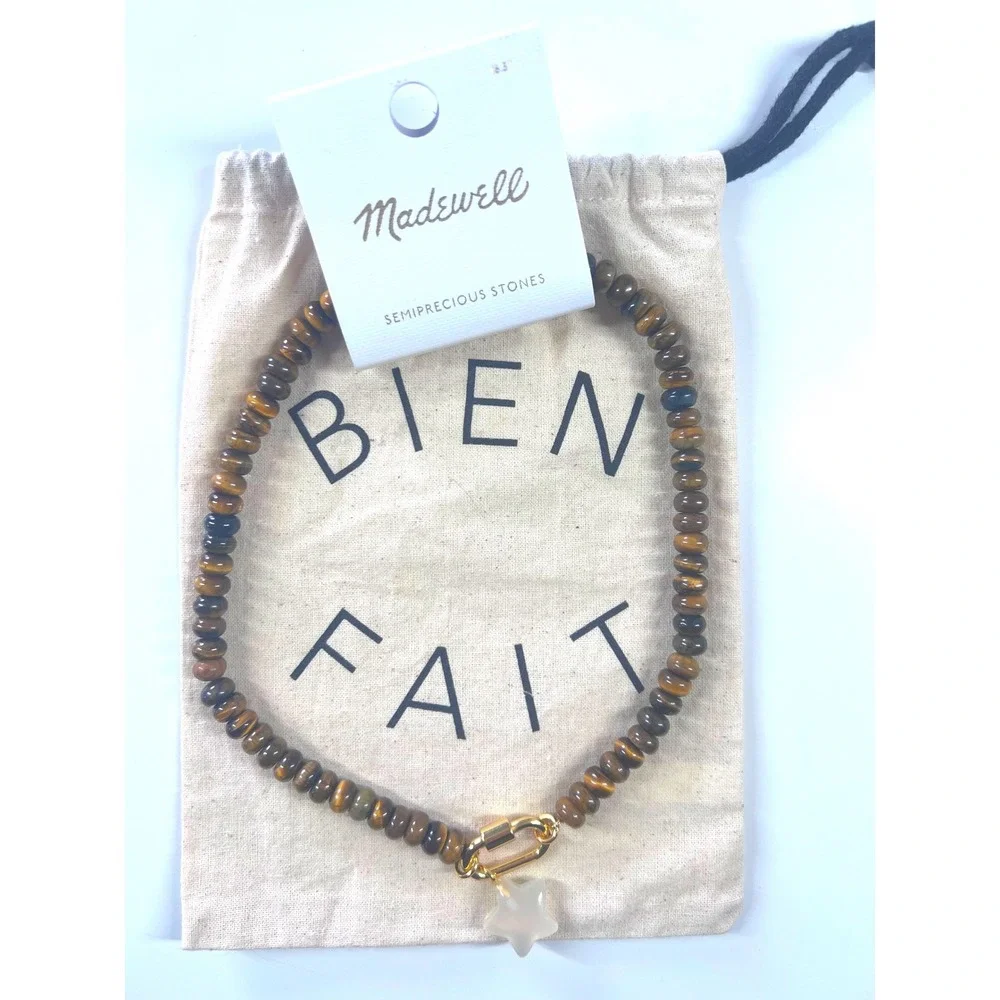 Madewell Semiprecious Tiger's Eye Bead Star Charm Necklace Gold Tone NWT - Picture 2 of 4